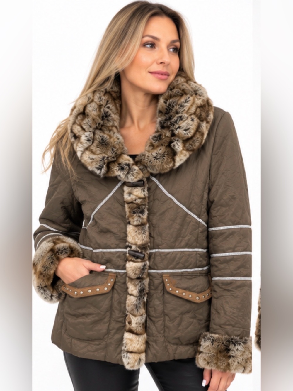 NUAGE Faux Fur Trim Brown Winter Jacket Y2K Size M